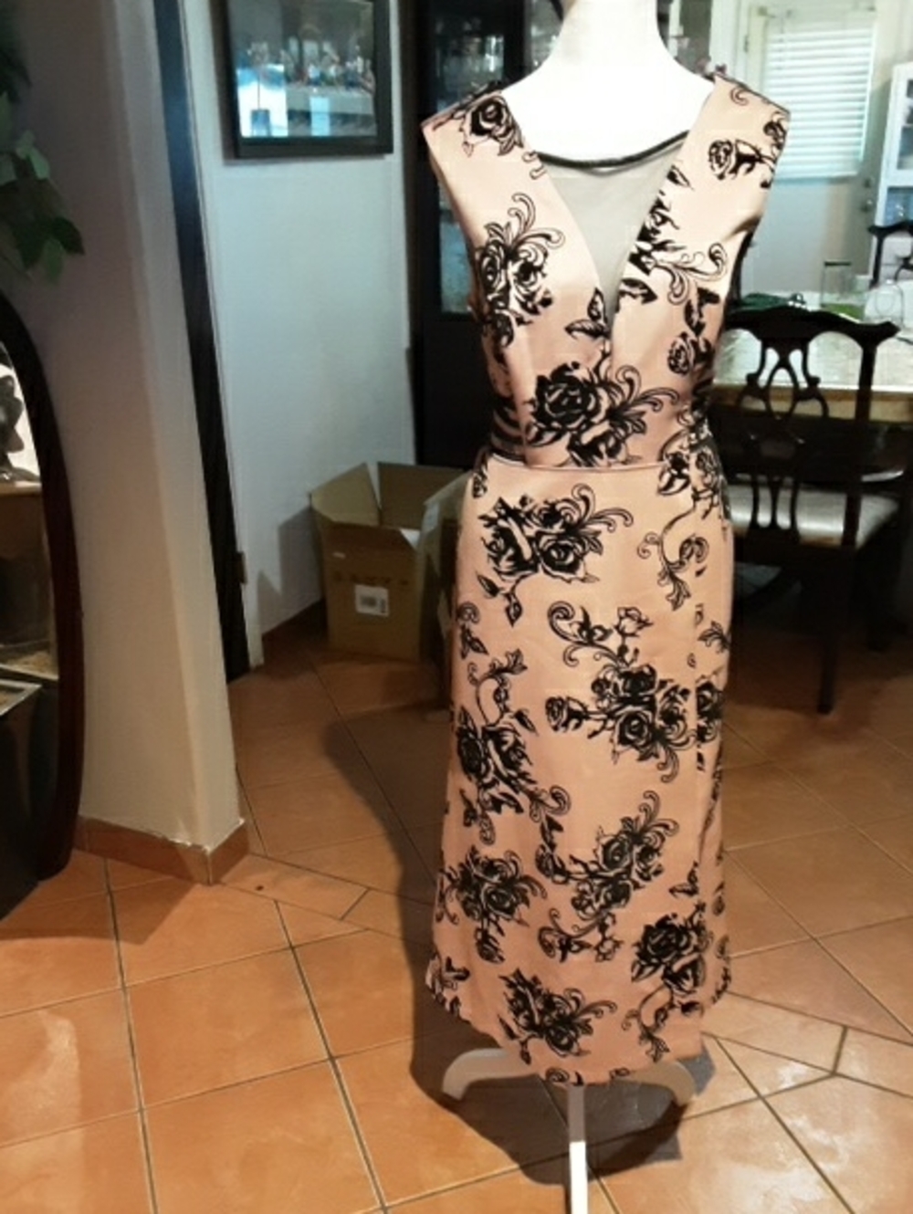 Enfocus Studio Blush Pink Midi Dress with Black Floral Overlay